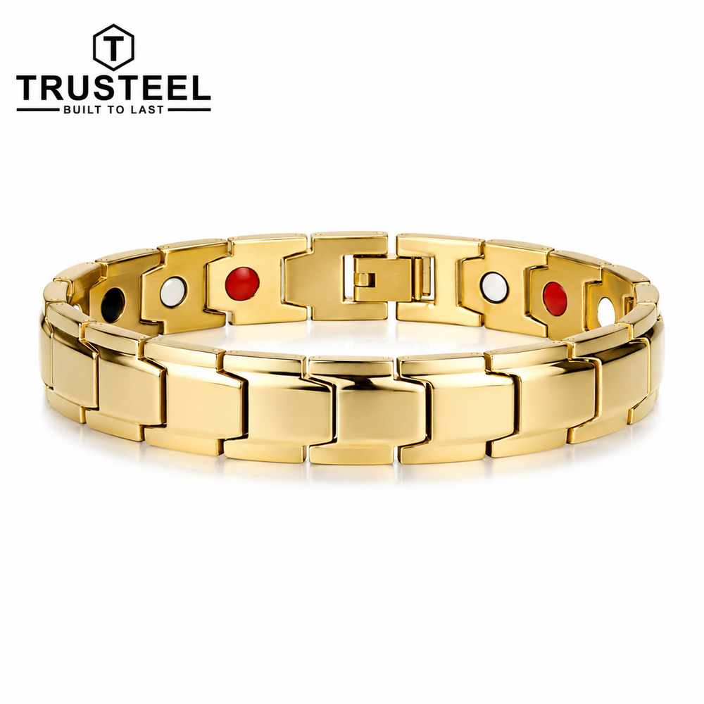 Men’s Gold Magnetic Bracelet 316L Stainless Steel Energy Therapy Link 8.5”